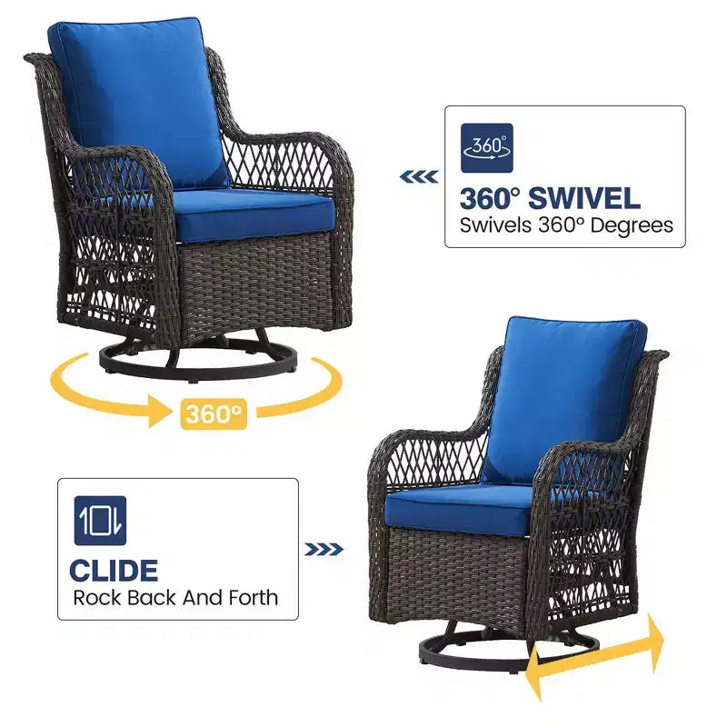 Set da Patio Whizmax 3 Pezzi per Esterni con Poltrona Girevole a Dondolo a 360 Gradi, Set 2 Pezzi di Poltrone Girevoli a Dondolo con Tavolino in Rattan, Cuscino Blu