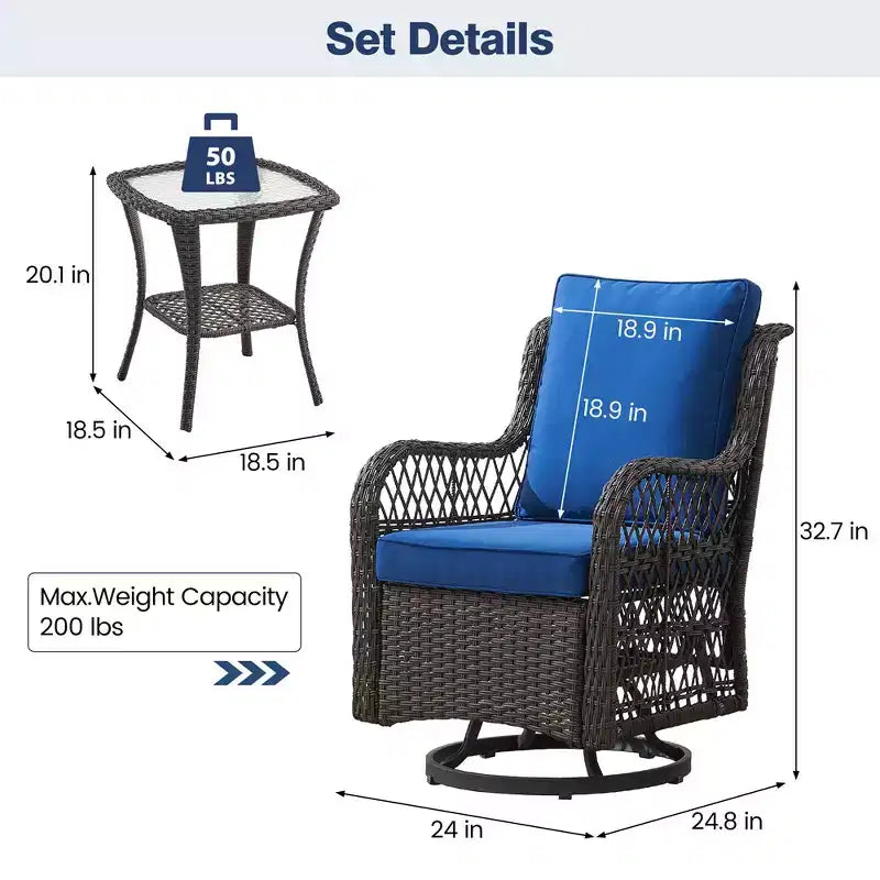 Set da Patio Whizmax 3 Pezzi per Esterni con Poltrona Girevole a Dondolo a 360 Gradi, Set 2 Pezzi di Poltrone Girevoli a Dondolo con Tavolino in Rattan, Cuscino Blu