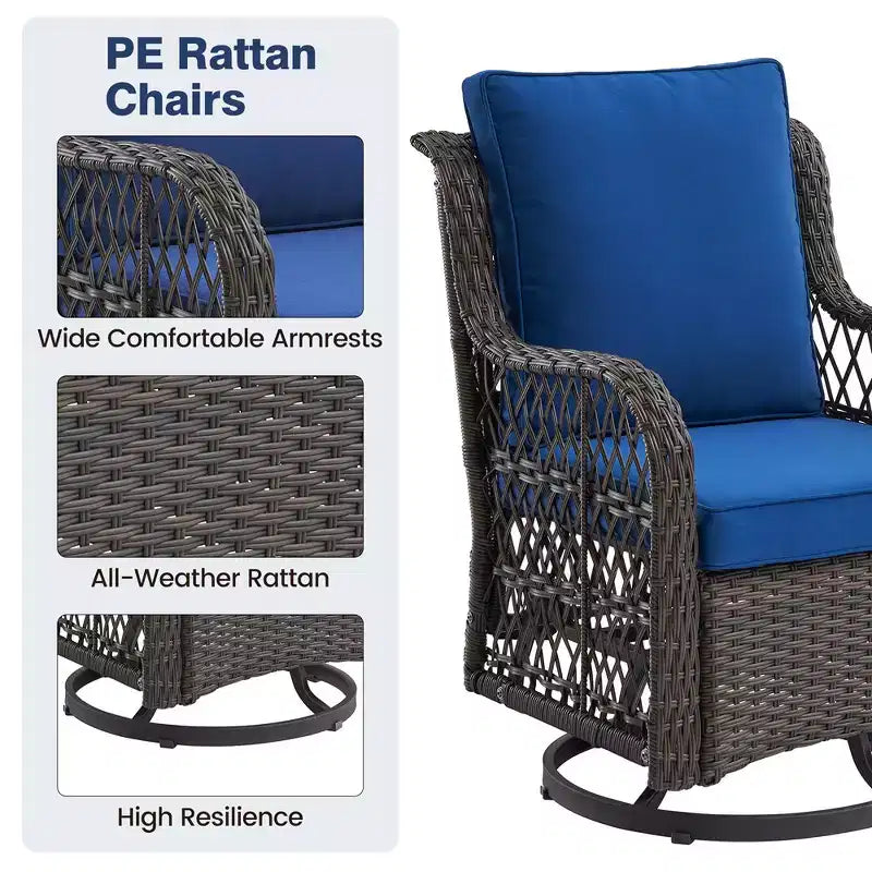 Set da Patio Whizmax 3 Pezzi per Esterni con Poltrona Girevole a Dondolo a 360 Gradi, Set 2 Pezzi di Poltrone Girevoli a Dondolo con Tavolino in Rattan, Cuscino Blu