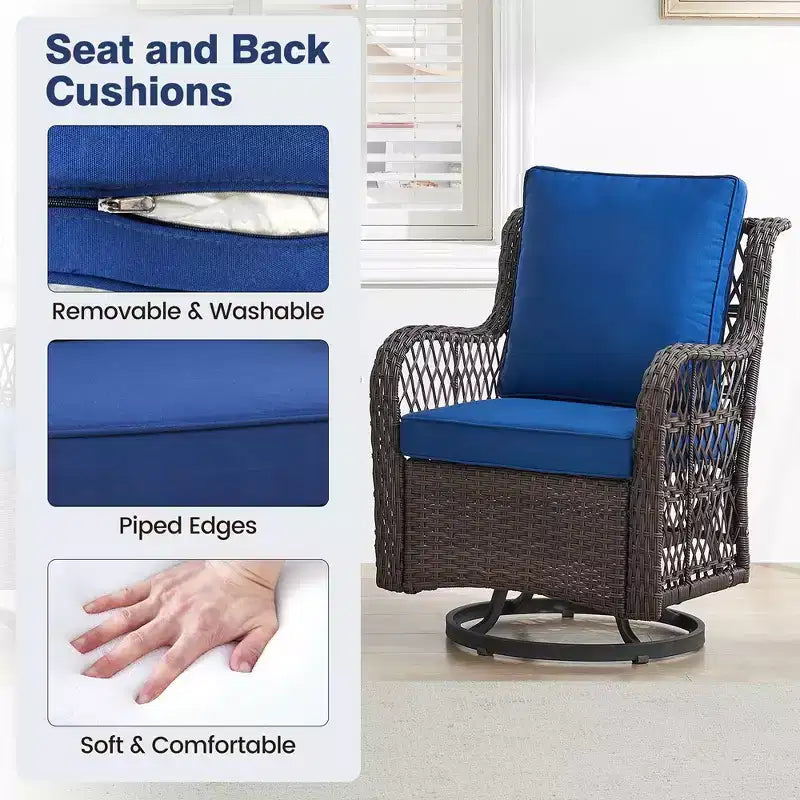 Set da Patio Whizmax 3 Pezzi per Esterni con Poltrona Girevole a Dondolo a 360 Gradi, Set 2 Pezzi di Poltrone Girevoli a Dondolo con Tavolino in Rattan, Cuscino Blu