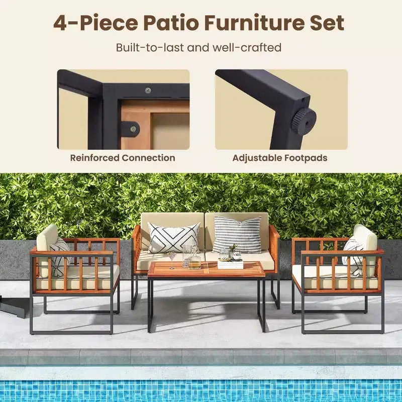 Costway Set Divano da Esterno 4 Pezzi in Legno di Acacia con Struttura in Metallo Resistente e Seduta Morbida