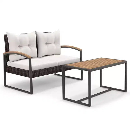 Costway 2 PCS Patio PE Wicker Furniture Set Loveseat with Acacia Wood Coffee Table Outdoor