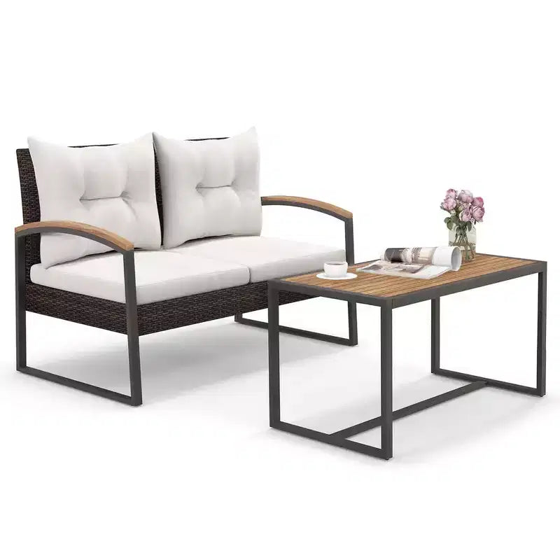 Costway Set Mobili da Giardino 2 Pezzi Divanetto in Rattan PE con Tavolino da Caffè in Legno di Acacia per Esterno