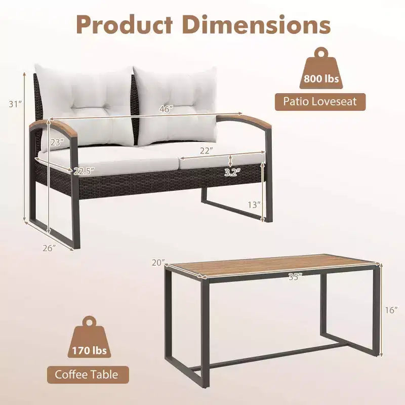 Costway Set Mobili da Giardino 2 Pezzi Divanetto in Rattan PE con Tavolino da Caffè in Legno di Acacia per Esterno