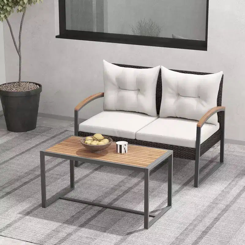 Costway Set Mobili da Giardino 2 Pezzi Divanetto in Rattan PE con Tavolino da Caffè in Legno di Acacia per Esterno