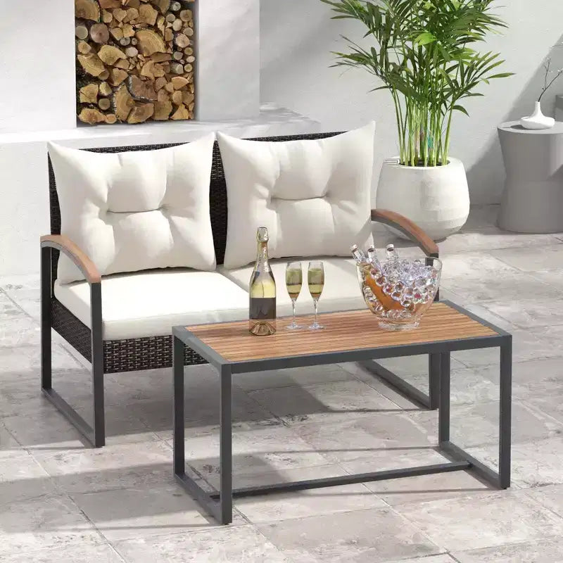 Costway Set Mobili da Giardino 2 Pezzi Divanetto in Rattan PE con Tavolino da Caffè in Legno di Acacia per Esterno