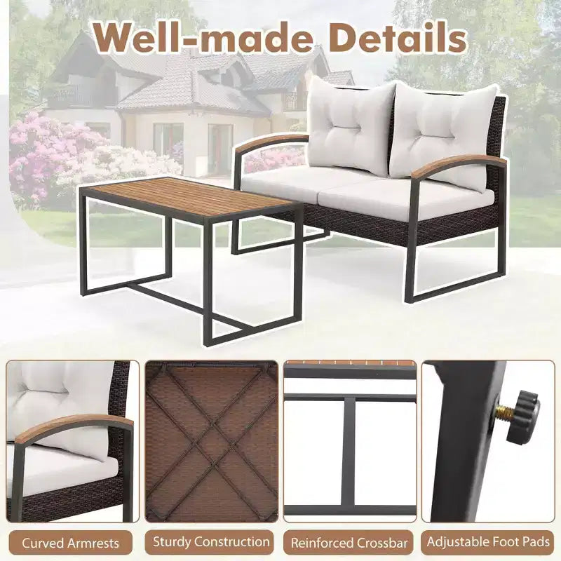 Costway Set Mobili da Giardino 2 Pezzi Divanetto in Rattan PE con Tavolino da Caffè in Legno di Acacia per Esterno