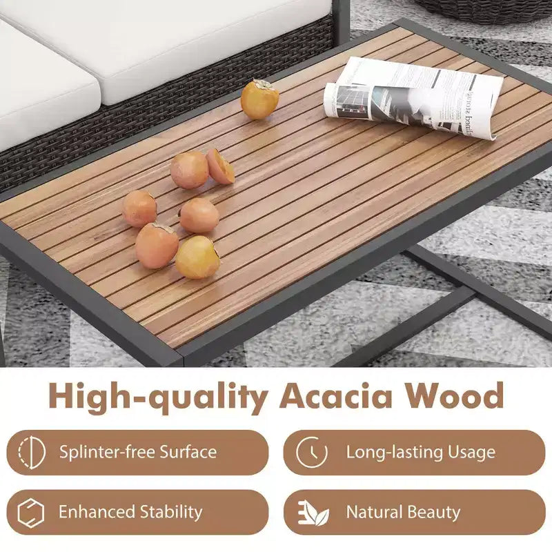 Costway Set Mobili da Giardino 2 Pezzi Divanetto in Rattan PE con Tavolino da Caffè in Legno di Acacia per Esterno