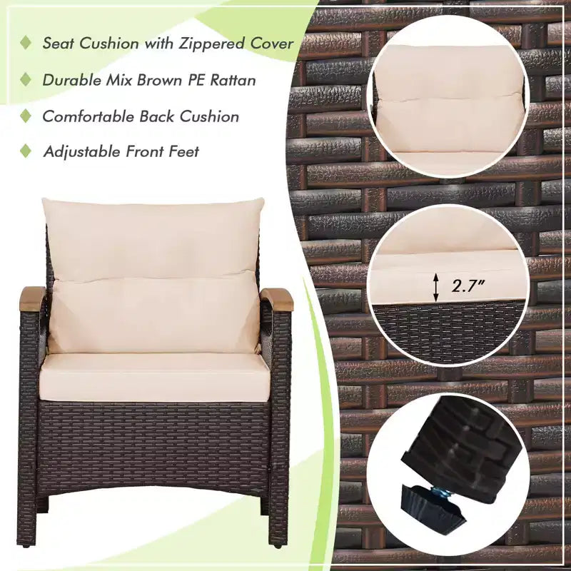 Set da Giardino 3 Pezzi in Rattan Costway con Braccioli in Legno e Cuscini Beige/Blu Scuro/Bianco Sporco