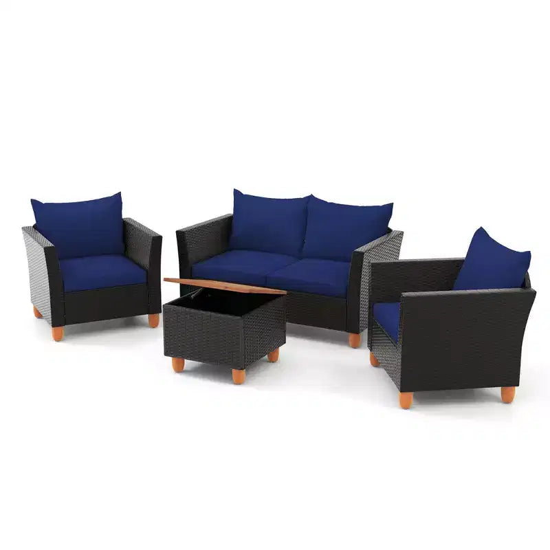 Set mobili da giardino Costway 4 pezzi in vimini con cuscini rimovibili, tavolino da caffè contenitore Bianco/Blu navy/Grigio