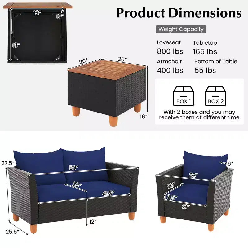 Set mobili da giardino Costway 4 pezzi in vimini con cuscini rimovibili, tavolino da caffè contenitore Bianco/Blu navy/Grigio