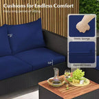 Set mobili da giardino Costway 4 pezzi in vimini con cuscini rimovibili, tavolino da caffè contenitore Bianco/Blu navy/Grigio