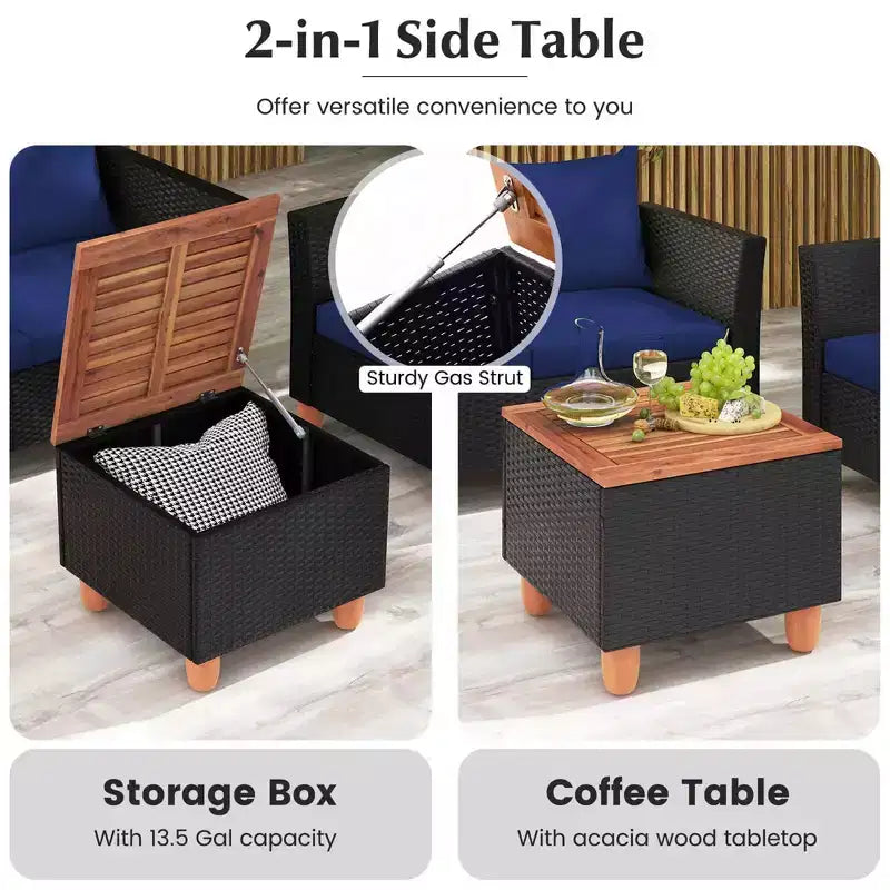Set mobili da giardino Costway 4 pezzi in vimini con cuscini rimovibili, tavolino da caffè contenitore Bianco/Blu navy/Grigio