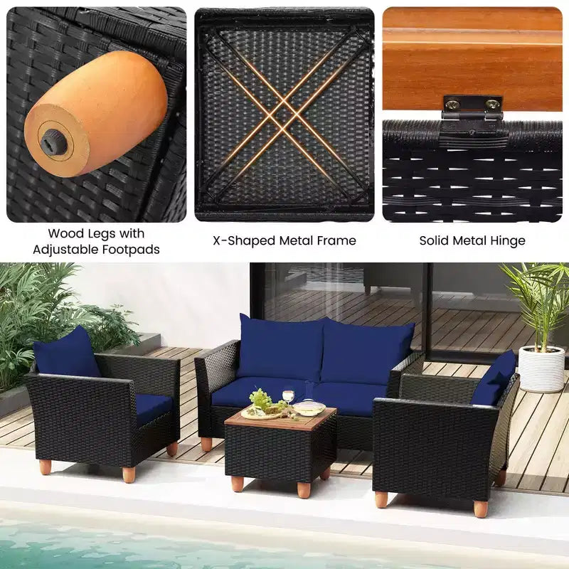 Set mobili da giardino Costway 4 pezzi in vimini con cuscini rimovibili, tavolino da caffè contenitore Bianco/Blu navy/Grigio