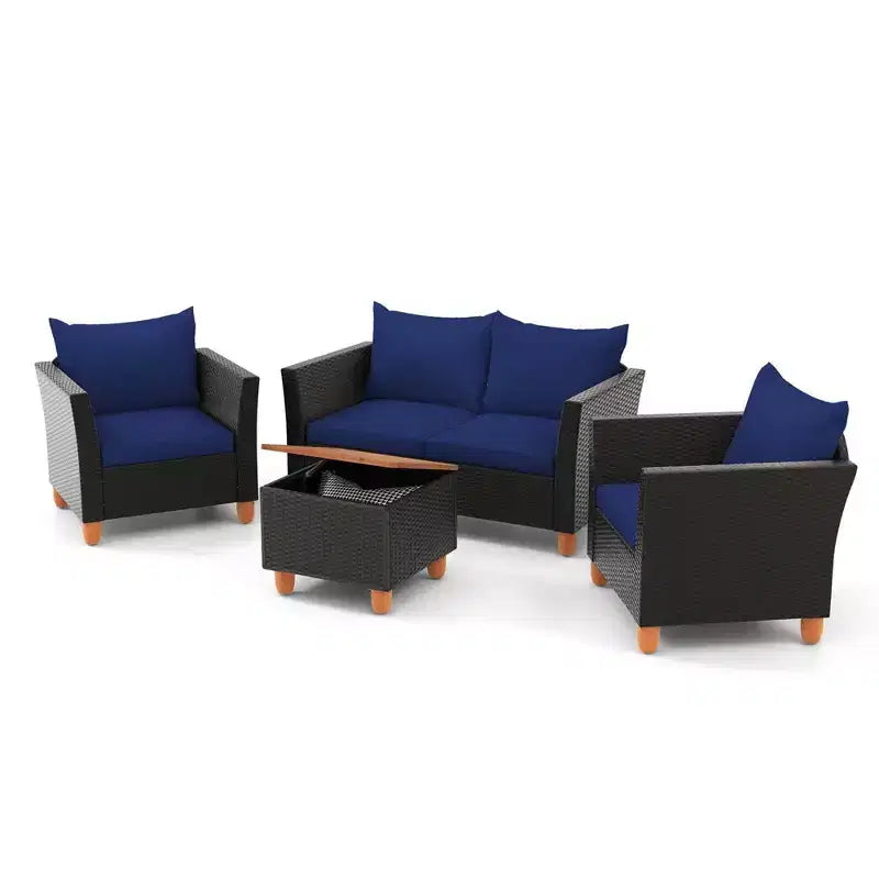 Set mobili da giardino Costway 4 pezzi in vimini con cuscini rimovibili, tavolino da caffè contenitore Bianco/Blu navy/Grigio