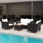 Set mobili da giardino Costway 4 pezzi in vimini con cuscini rimovibili, tavolino da caffè contenitore Bianco/Blu navy/Grigio