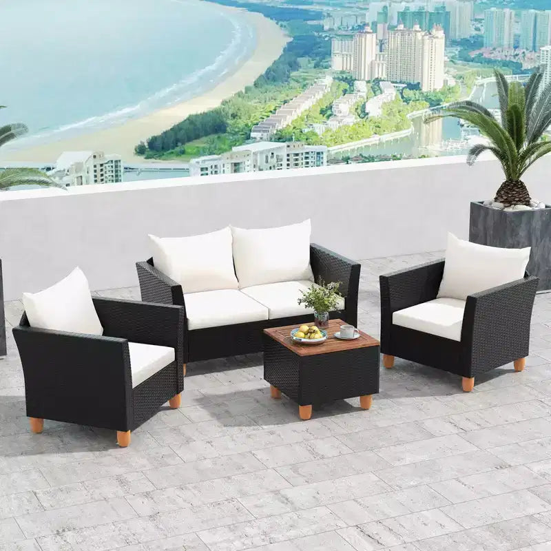 Set mobili da giardino Costway 4 pezzi in vimini con cuscini rimovibili, tavolino da caffè contenitore Bianco/Blu navy/Grigio