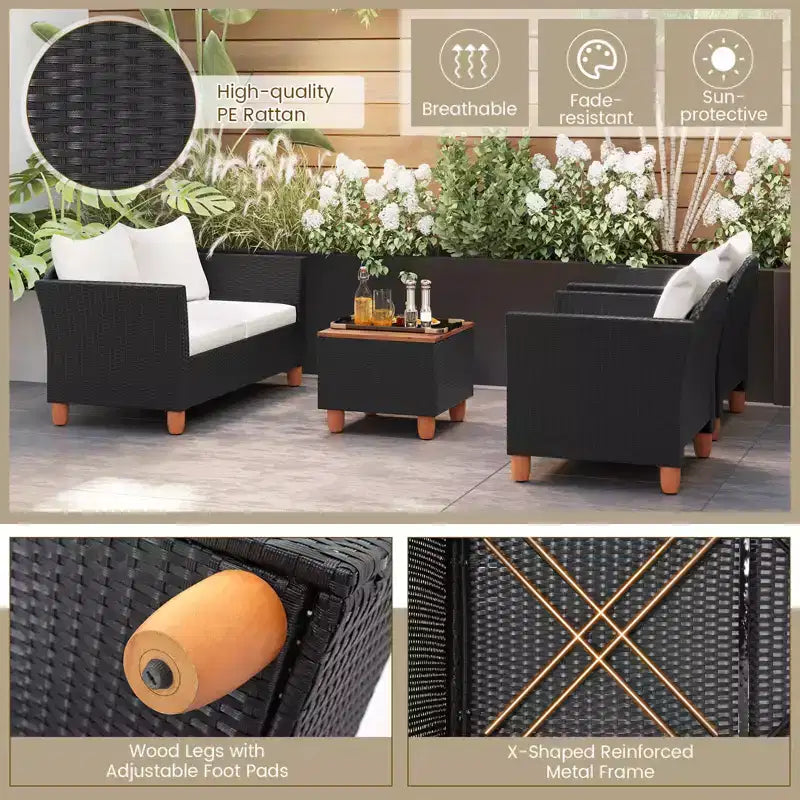 Set mobili da giardino Costway 4 pezzi in vimini con cuscini rimovibili, tavolino da caffè contenitore Bianco/Blu navy/Grigio