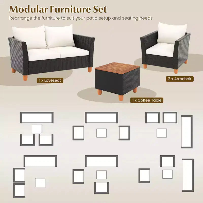 Set mobili da giardino Costway 4 pezzi in vimini con cuscini rimovibili, tavolino da caffè contenitore Bianco/Blu navy/Grigio