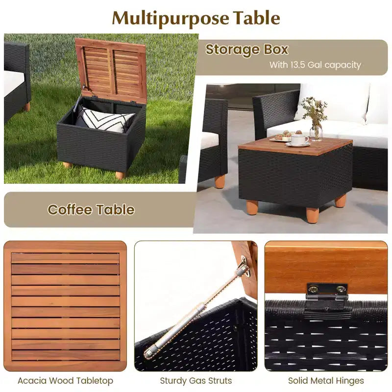 Set mobili da giardino Costway 4 pezzi in vimini con cuscini rimovibili, tavolino da caffè contenitore Bianco/Blu navy/Grigio