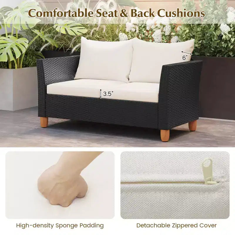 Set mobili da giardino Costway 4 pezzi in vimini con cuscini rimovibili, tavolino da caffè contenitore Bianco/Blu navy/Grigio