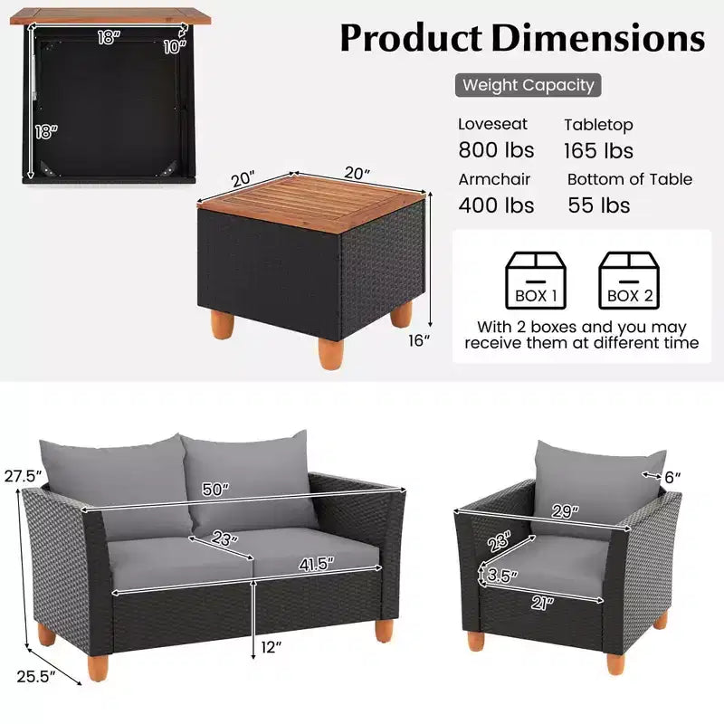 Set mobili da giardino Costway 4 pezzi in vimini con cuscini rimovibili, tavolino da caffè contenitore Bianco/Blu navy/Grigio