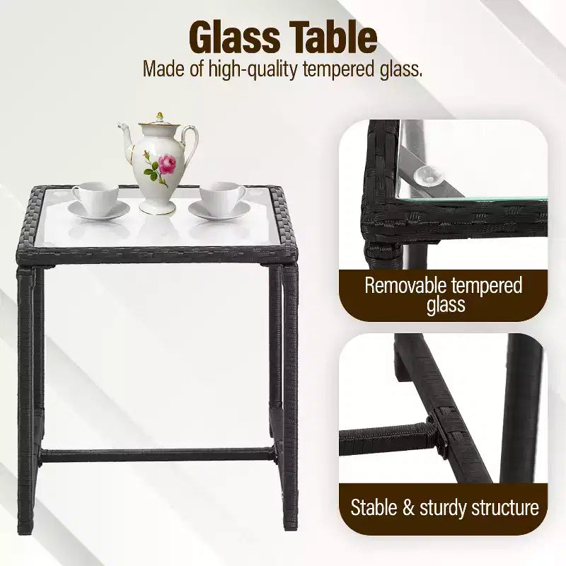 FDW Set di Mobili da Giardino 3 Pezzi, Sedie a Dondolo da Esterno, Set Bistrò, Sedie in Rattan per Tutte le Condizioni Atmosferiche con Cuscini e Tavolino da Caffè con Piano in Vetro