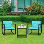 FDW Set di Mobili da Giardino 3 Pezzi, Sedie a Dondolo da Esterno, Set Bistrò, Sedie in Rattan per Tutte le Condizioni Atmosferiche con Cuscini e Tavolino da Caffè con Piano in Vetro