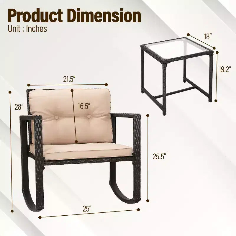 FDW Set di Mobili da Giardino 3 Pezzi, Sedie a Dondolo da Esterno, Set Bistrò, Sedie in Rattan per Tutte le Condizioni Atmosferiche con Cuscini e Tavolino da Caffè con Piano in Vetro