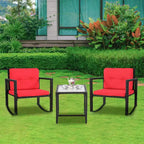 FDW Set di Mobili da Giardino 3 Pezzi, Sedie a Dondolo da Esterno, Set Bistrò, Sedie in Rattan per Tutte le Condizioni Atmosferiche con Cuscini e Tavolino da Caffè con Piano in Vetro