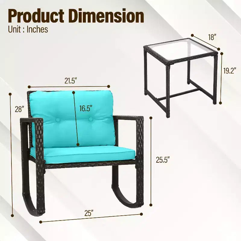 FDW Set di Mobili da Giardino 3 Pezzi, Sedie a Dondolo da Esterno, Set Bistrò, Sedie in Rattan per Tutte le Condizioni Atmosferiche con Cuscini e Tavolino da Caffè con Piano in Vetro