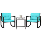 FDW Set di Mobili da Giardino 3 Pezzi, Sedie a Dondolo da Esterno, Set Bistrò, Sedie in Rattan per Tutte le Condizioni Atmosferiche con Cuscini e Tavolino da Caffè con Piano in Vetro