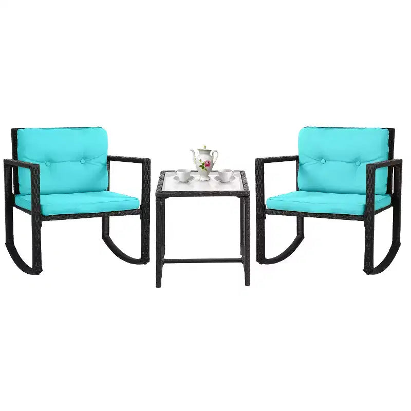 FDW Set di Mobili da Giardino 3 Pezzi, Sedie a Dondolo da Esterno, Set Bistrò, Sedie in Rattan per Tutte le Condizioni Atmosferiche con Cuscini e Tavolino da Caffè con Piano in Vetro