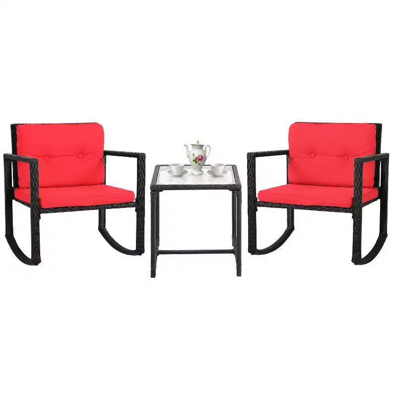 FDW Set di Mobili da Giardino 3 Pezzi, Sedie a Dondolo da Esterno, Set Bistrò, Sedie in Rattan per Tutte le Condizioni Atmosferiche con Cuscini e Tavolino da Caffè con Piano in Vetro