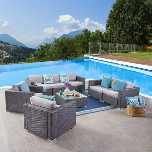 Christopher Knight Home Chloe Set da Salotto da Esterno a 7 Posti in Vimini con Cuscini, Grigio/Grigio Chiaro