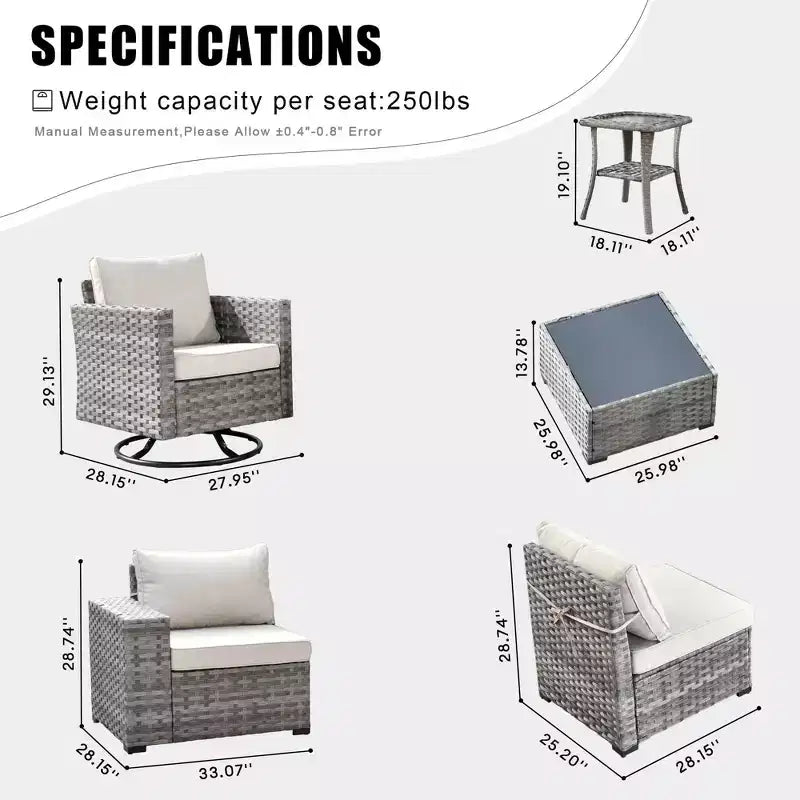 Marlton Set di mobili da esterno in vimini a 8 pezzi per patio, divano componibile con poltrona girevole e cuscini
