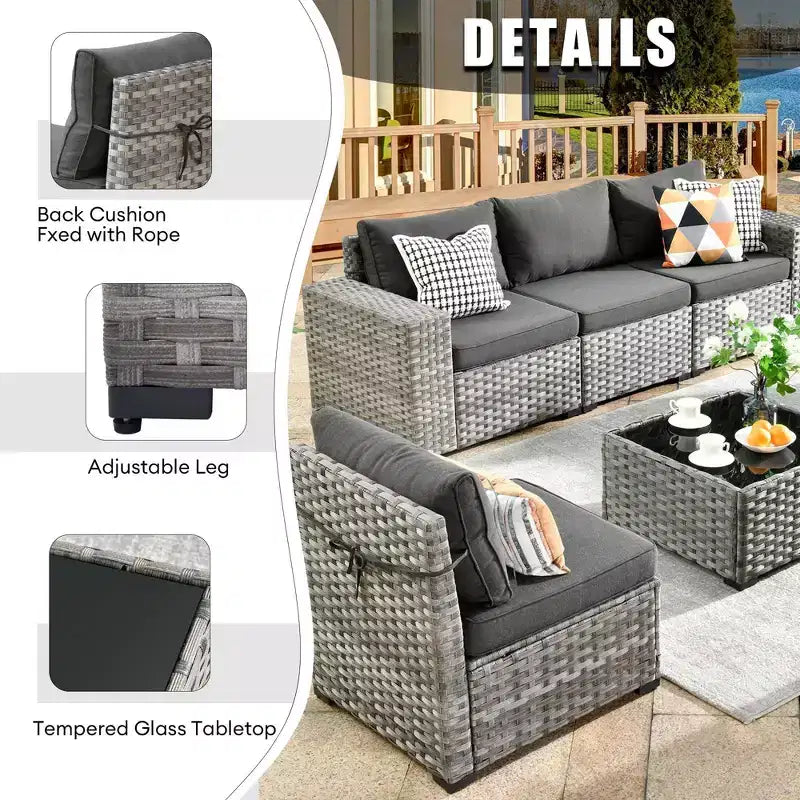 Marlton Set di mobili da esterno in vimini a 8 pezzi per patio, divano componibile con poltrona girevole e cuscini
