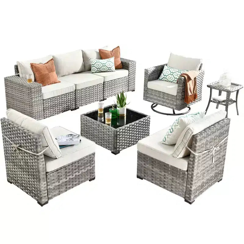 Marlton Set di mobili da esterno in vimini a 8 pezzi per patio, divano componibile con poltrona girevole e cuscini
