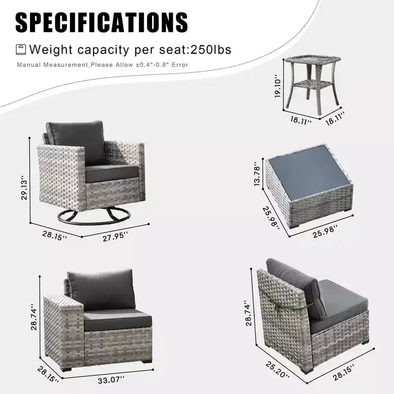 Marlton Set di mobili da esterno in vimini a 8 pezzi per patio, divano componibile con poltrona girevole e cuscini