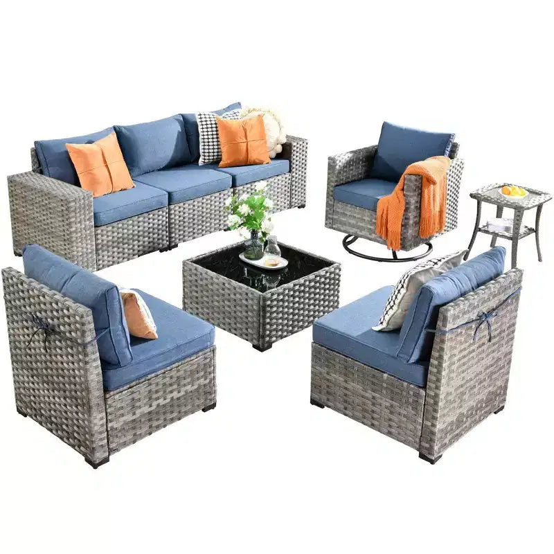 Marlton Set di mobili da esterno in vimini a 8 pezzi per patio, divano componibile con poltrona girevole e cuscini