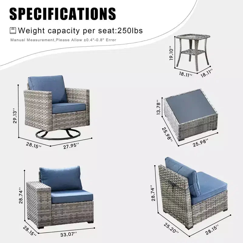 Marlton Set di mobili da esterno in vimini a 8 pezzi per patio, divano componibile con poltrona girevole e cuscini