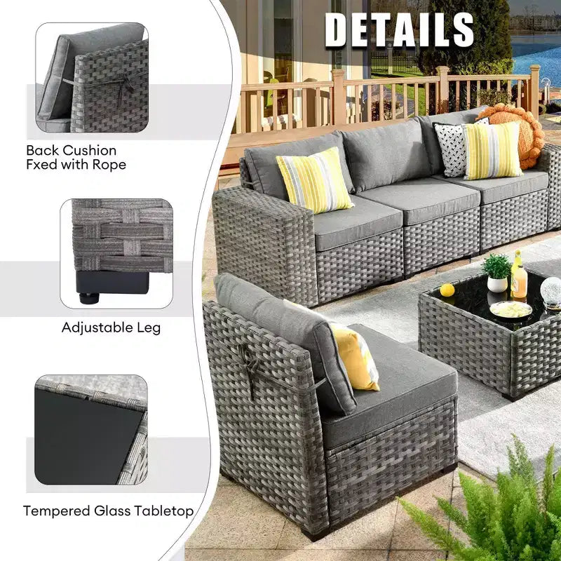 Marlton Set di mobili da esterno in vimini a 8 pezzi per patio, divano componibile con poltrona girevole e cuscini