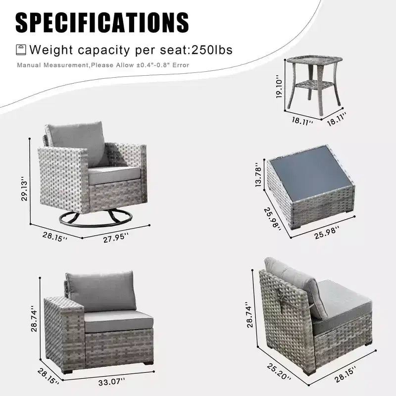 Marlton Set di mobili da esterno in vimini a 8 pezzi per patio, divano componibile con poltrona girevole e cuscini